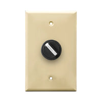 A ivory wall plate and black 2-position selector switch mounted on a white wall plate on a white background.