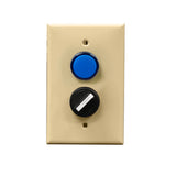 An ivory rectangular wall plate with a blue pilot light and a black rotary dial.