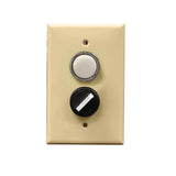 An ivory rectangular wall plate with a white pilot light and a black rotary dial.