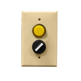 An ivory rectangular wall plate with a yellow pilot light and a black rotary dial.