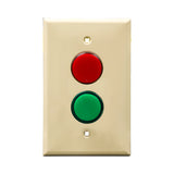 Ivory wall plate with red and green LED pilot light switch on a white background.