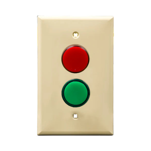 Ivory wall plate with red and green LED pilot light switch on a white background.