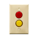 Ivory wall plate with red and yellow LED pilot light switch on a white background.