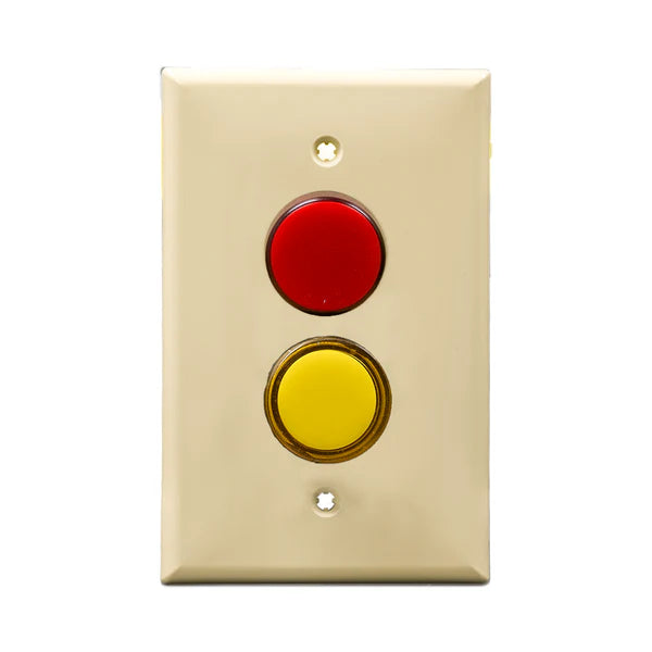 Ivory wall plate with red and yellow LED pilot light switch on a white background.