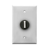 A black wall plate and black 3-position selector switch mounted on a white wall plate on a white background.