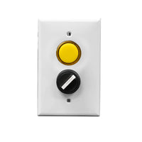 A white rectangular wall plate with a yellow pilot light and a black rotary dial.