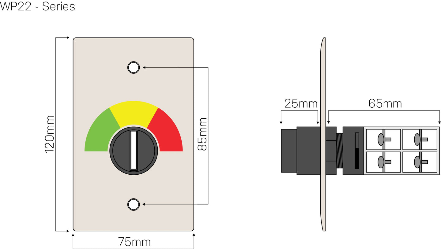 Color technical drawing depicting product dimensions from front and side perspectives. 