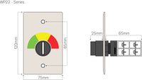 Color technical drawing depicting product dimensions from front and side perspectives. 
