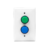 White wall plate with green and blue LED pilot light switch on a white background.