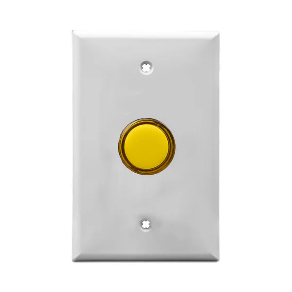 White wall plate with yellow LED pilot lights mounted on a white background.