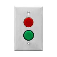 White wall plate with red and green LED pilot light switch on a white background.