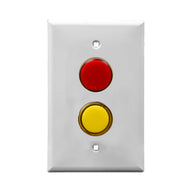 White wall plate with red and yellow LED pilot light switch on a white background.
