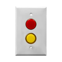 White wall plate with red and yellow LED pilot light switch on a white background.
