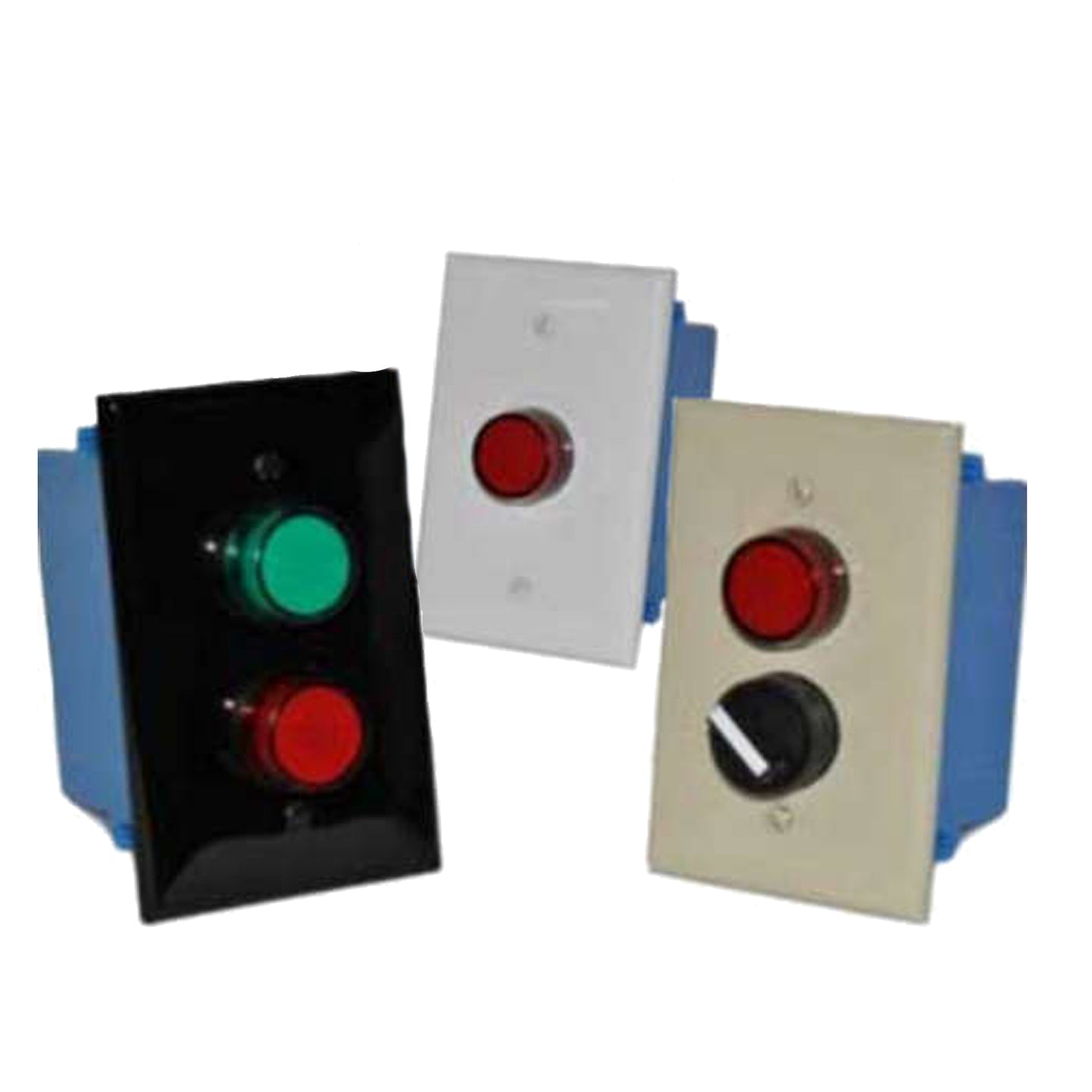 A collection of two and one push button wall plates on a white background.