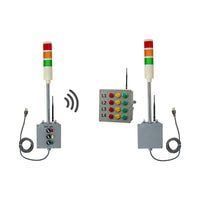 A multicolor pole mounted industrial signal light system transmitting information wirelessly to a bingo board display and andon receiver on a white background.
