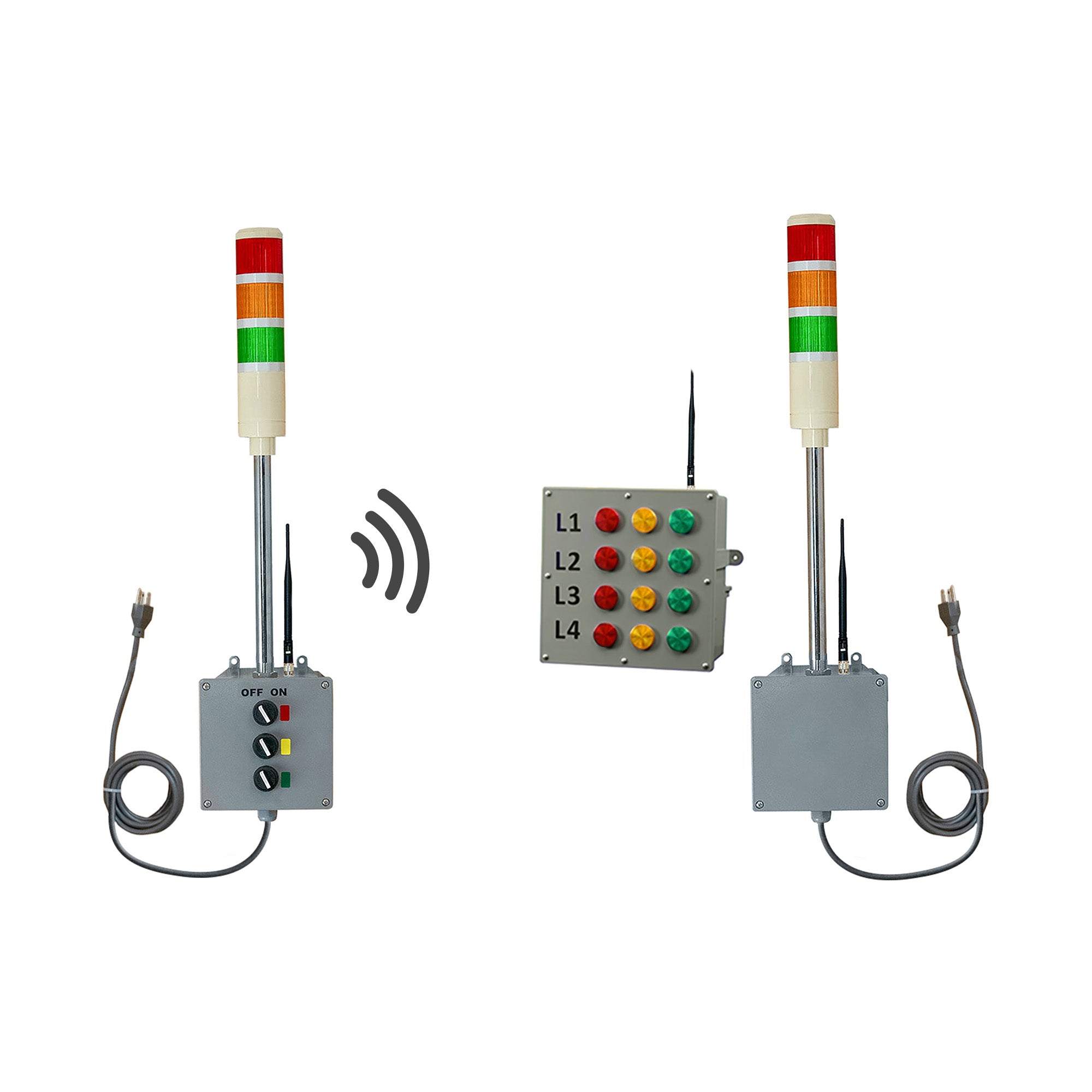 A multicolor pole mounted industrial signal light system transmitting information wirelessly to a bingo board display and andon receiver on a white background.