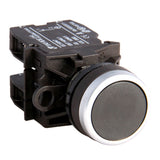 Black button switch with black casing on a white background.