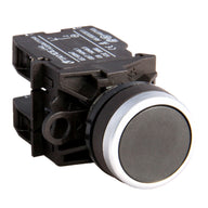 Black button switch with black casing on a white background.