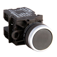 Black button switch with black casing on a white background.