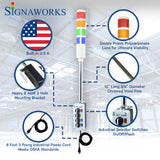 'Signaworks' branded graphic built in the U.S.A. featuring prism lenses, 8 AWG mounting bracket, chrome pole, industrial selector switch and black power cord.