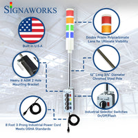'Signaworks' branded graphic built in the U.S.A. featuring prism lenses, 8 AWG mounting bracket, chrome pole, industrial selector switch and black power cord.